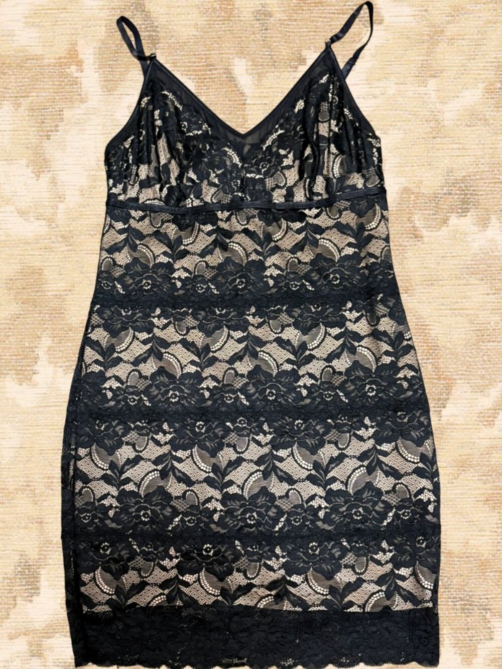 GUESS Black Floral Lace Sheer Slip Dress Nude Lining Bodycon